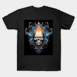 Skull on Blue Fire: Baroque Vintage Ornament Background T-Shirt